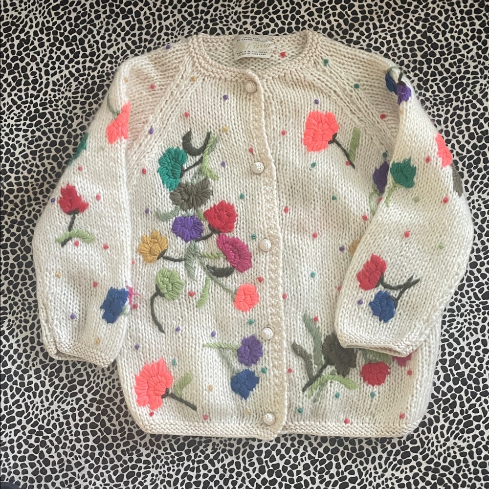 VTG 50s De L' Orsa Campus Casuals Women Large Flower Knit Cardigan Sweater